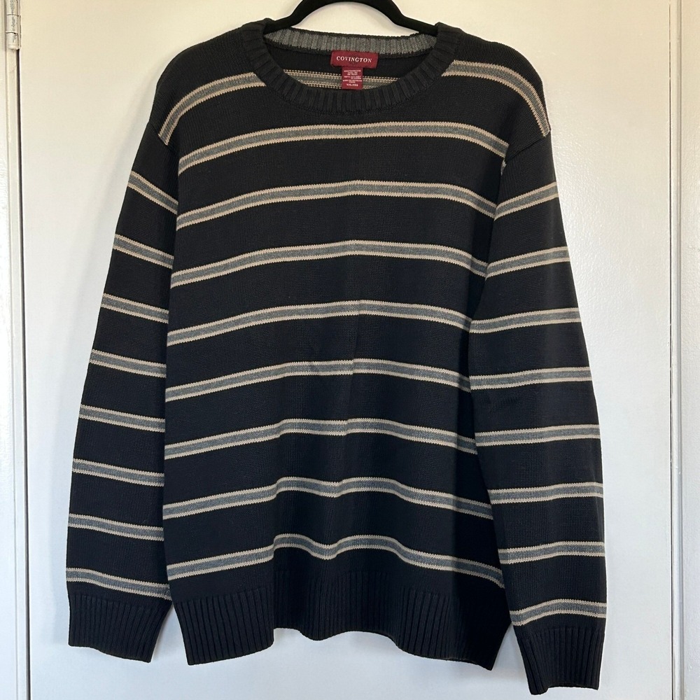 Covington Black Striped 100% Cotton Crewneck Sweater XXL Grandpa Dad Fall Preppy